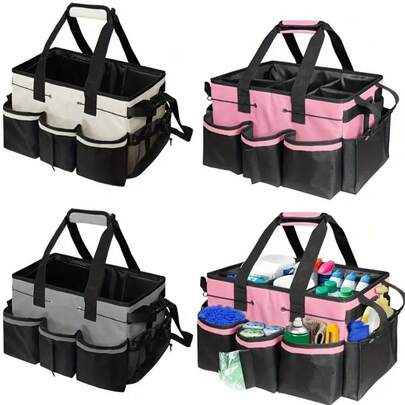 Stor kapacitet, multifunktionell rengöringsväska, hållbar axelremsväska med flera fack, blandade färger för hemma- och utomhusbruk, rengöringstillbehör, robust konstruktion, julklapp