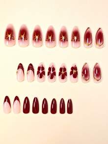 Mejora tu apariencia instantáneamente con 24 piezas de puntas de uñas postizas cuadradas de almendra con degradado rojo elegante, diseño de rayas de gel 3D con mariposa dorada y perla, uñas rosas de estilo floral rojo-marrón, uñas rojas francesas artificiales de cobertura completa para mujeres y niñas. Incluye 1 hoja de pegatinas adhesivas y 1 lima de uñas mini. Envío aleatorio de gel de gelatina.