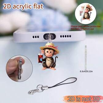 1 件可爱猴子 2D 亚克力防尘塞 - 可爱的手机吊坠，配有龙虾扣挂绳，用途广泛，保护手机充电端口，兼容 Type-C/Lightning，馈赠佳品