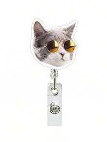 1pc Acrylic Retractable Cat Emoticon Badge Reel, Rotatable ID Card Holder Keychain Clip For Doctor/Nurse,School Supplies,Back To School