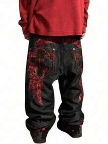 Men's Hip-Hop Retro Skull Embroidered Washed Denim Pants Y2K Jeans Gothic Straight Tube Loose Wide Leg Pants - Black - View 1