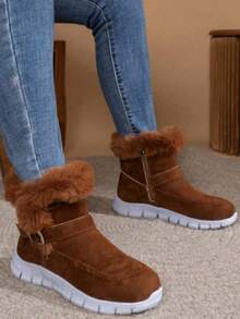 Women's Snow Boots With Buckle Decoration, Faux Suede And Teddy Fleece Lining, Simple Outdoor Sports Warm Snow Boots, Thick-Soled Short Snow Boots, Women's Flat Short Winter Fleece-Lined Warm Boots