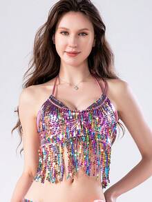 Traje de disfraz con lentejuelas y flecos, traje de danza del vientre con lentejuelas, traje de cantante sin espalda para bares y calles - Multicolor - Ver 14