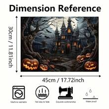 4 Stücke Halloween Horror Schloss & Kürbis Muster Leinen Tischsets - Gewebte Leinen rechteckige Tischsets für Speisezimmer, Küche, Kaffeetisch, Esszimmerdekoration - Verschiedenfarbig - Übersicht 2