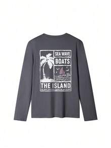 Autumn/Winter Women's Slogan & Palm Tree Print Round Neck Loose Casual T-Shirt, From Casual Day To Chic Night: Explore Our Women's Long Sleeve T-Shirts That Easily Adapt To Different Occasions And Create The Perfect Look - 深灰色 - 查看 2