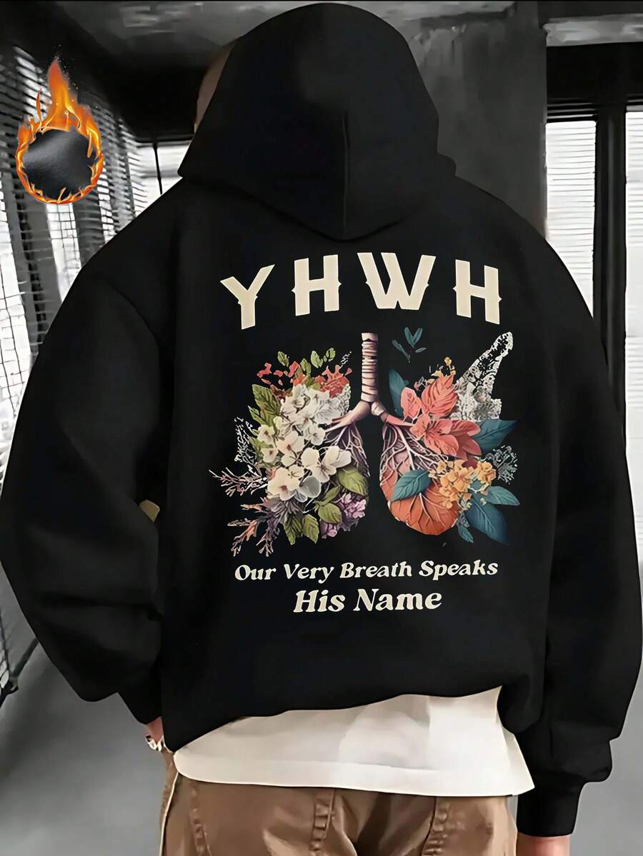 Thin Fleece Men's Hoodie - Autumn Winter Long Sleeve Sweatshirt - Floral Lung Print T-Shirt - Youth Long Sleeve - Halloween Gift - Christmas Gift - Birthday Present Choice; YHWH Our Very Breath Speaks His Name Design - Comfortable Casual Top For Men - Streetwear Style - Perfect For Daily Wear And Special Occasions - High Quality Material - Unique Christian Faith Apparel - Ideal For Layering - Stylish And Warm - Suitable For Various Activities - Enhance Your Look With This Versatile Piece - màu đen - Xem 1