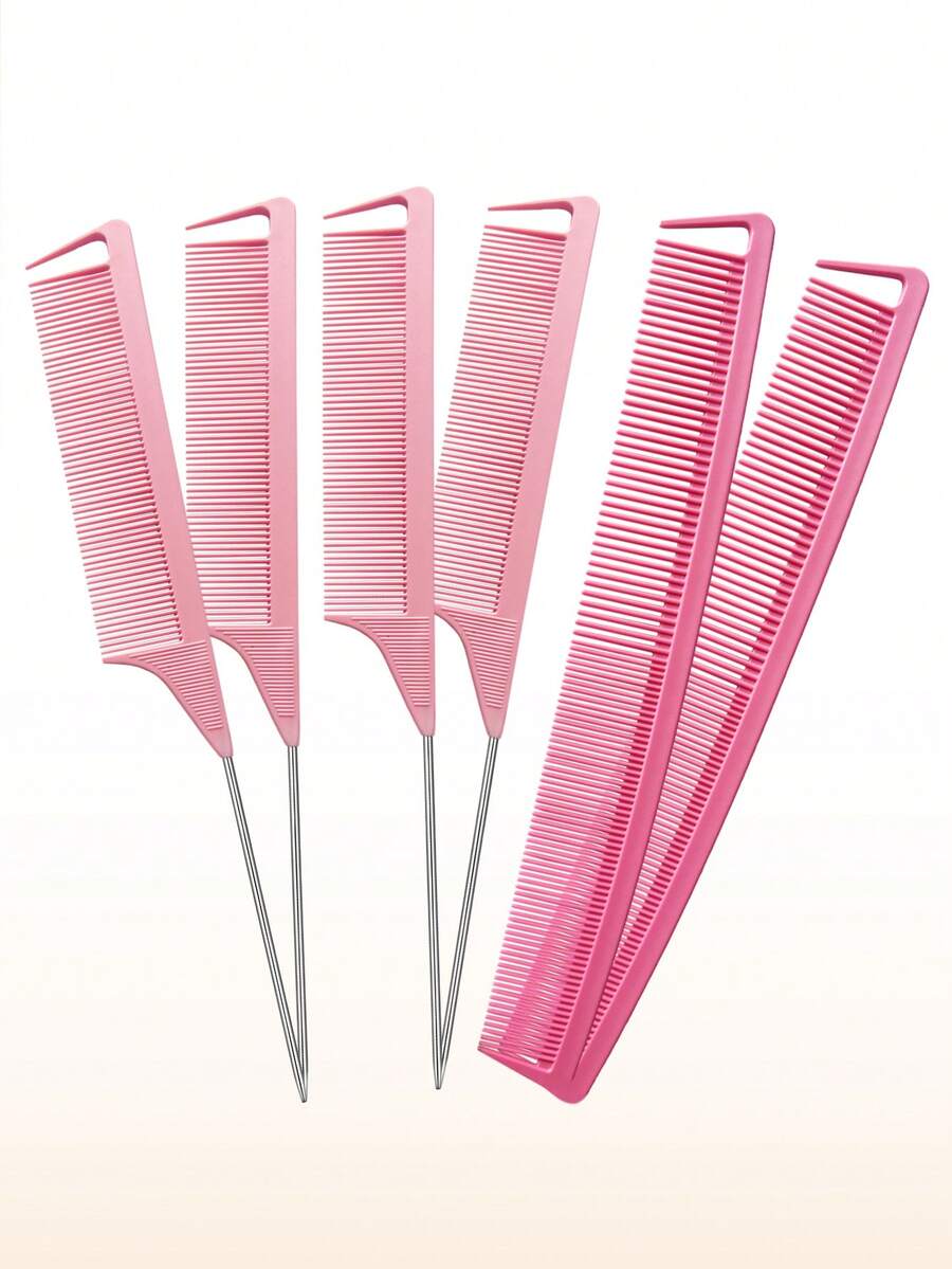 6pcs Pointed Tail Comb Set, 3pcs Long Steel Pin Comb, 3pcs Fine & Wide Tooth Comb, Metal Sectioning Comb, Suitable For Girls Salon Hairstylist (Pink) - Pink - View 1