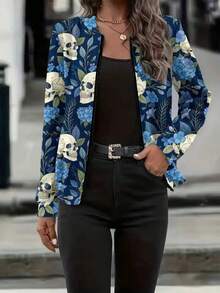 Plus Size Women Skull Print Fashionable Jacket, Autumn/Winter - Multicolor - View 3