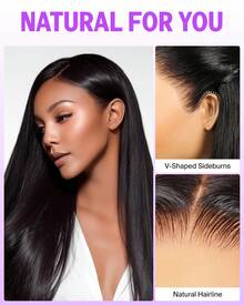 MEGALOOK 13x6 三合一蕾丝前假发，柔顺直发，100% 真人处女发，自然黑色，预剪耳到耳蕾丝前片，全预造型透明蕾丝前片假发，100% 真人处女发，经久耐用，轻盈帽型，全天舒适，极少掉发，适合日常佩戴 - 黑色 - 查看 6