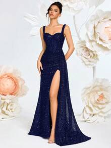 Elisanya Sequin Thick Strap Sweetheart Neck High Waist Long Tie Back Slit Dress, Suitable For Prom, Party, Formal Dinner, Graduation, Birthday, Date Night, Homecoming, Wedding Guest - Navy Blue - View 7