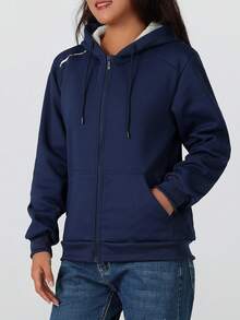 女士保暖连帽外套，简约纯色，常规长度，休闲风格，适合日常穿着，秋冬季 - 藍色 - 查看 4