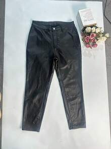 Calças skinny forradas térmicas estilo streetwear Y2K plus size, outono/inverno - Preto - Ver 6