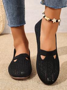 Women's Knitted Hollow-Out Breathable Yet Distinctive Slip-On Casual Flat Shoes, Relaxed, Comfortable And Stylish For Daily Wear