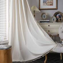 Sutuo Home Boho Curtain With Handmade Tassels, Rod Pocket Window Treatment Vintage Rustic Bohemian French Farmhouse Semi-Blackout Solid Drape For Bedroom, 1 Panel 59" W X 84" L,Cream White - 奶油白色59寬x84公升1包 - 查看 1