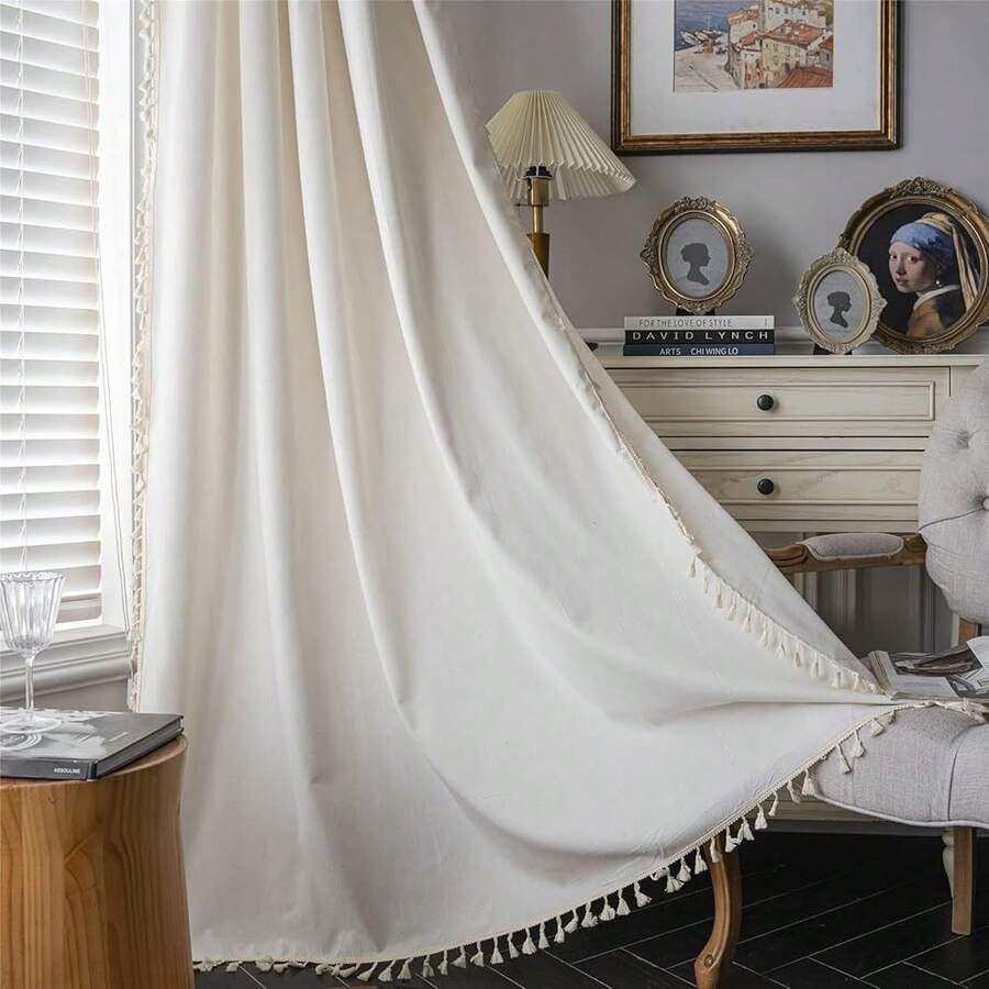 Sutuo Home Boho Curtain With Handmade Tassels, Rod Pocket Window Treatment Vintage Rustic Bohemian French Farmhouse Semi-Blackout Solid Drape For Bedroom, 1 Panel 59" W X 84" L,Cream White - 奶油白色59寬x84公升1包 - 查看 1
