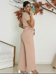 Women's Set Of Wide Leg Pants And Comfortable Sweatshirt Top Summer - Beige - View 2