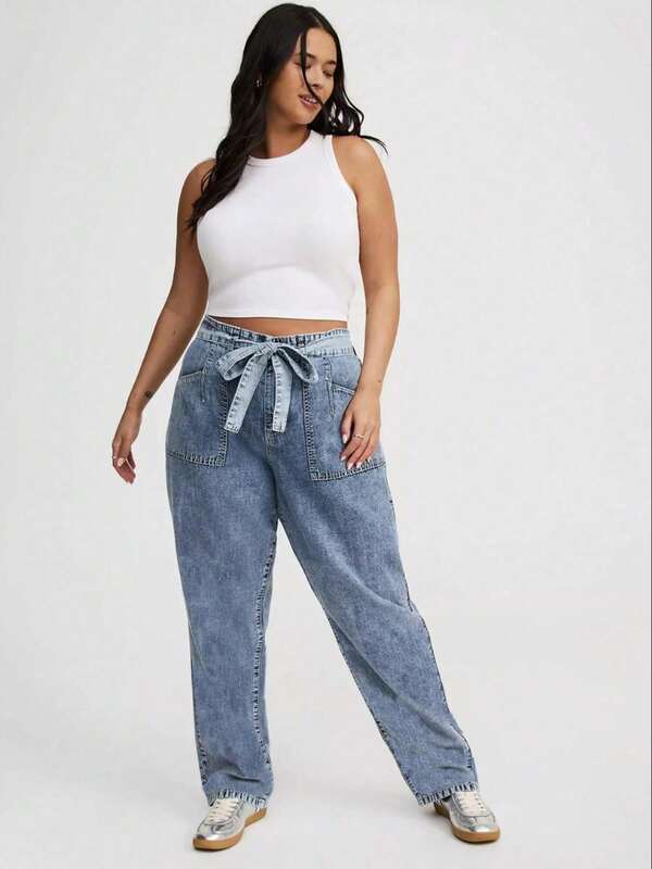 Europe And The United States Casual Bow Tie Commuter Loose Cute Pockets Denim Pants