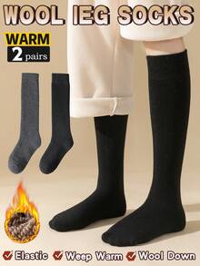 2 Pairs Women's Thermal Lined Thick Calf Socks, Warm Solid Color Knee High Socks, Collegiate Style, Versatile For Autumn/Winter, Suitable For Home, Commute, Office, Cozy Socks