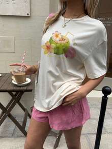 Oversized Pink Seashell, Leaf & Flower Graphic Round Neck Short Sleeve Loose T-Shirt For Women, Casual Vacation Pullover Beach Vacation Outfits - trắng - Xem 2