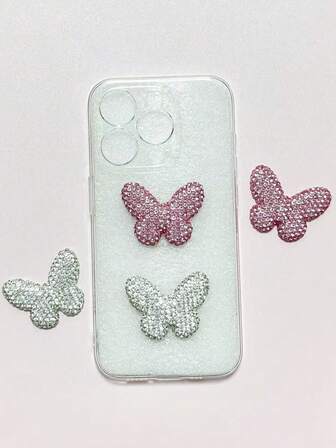 2 件奢华闪亮白色和粉色全水钻温柔甜美蝴蝶平底垃圾手机壳装饰饰品手工冰箱贴平板电脑保护套发夹配件 DIY 工艺品家居装饰珠宝