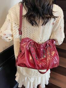 Large Capacity Waterproof Business Casual PU Handbag, Multi-Pocket Design With Compartment, Multifunctional Shoulder Crossbody Bag, Suitable For Young Girls, Female College Students, White-Collar And Career Starters, Perfect For Work, Business Commute, Shopping, Outdoor Travel And School - 酒紅色 - 查看 5