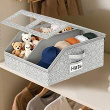 A Stackable Hat Storage Box, Suitable For 12 Baseball Caps - Sturdy Fabric And Cardboard Organizer With A Transparent Window, A Space-Saving Wardrobe Storage Box For Both Men And Women With A Decorative Design, In Gray, With A Neutral Appearance