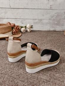 Sandalias Mujer de Cuña en Lona - Punta Cerrada Estilo Hada, Hebilla Tejida de Cáñamo, Suela Gruesa Antideslizante - Negro - Ver 5