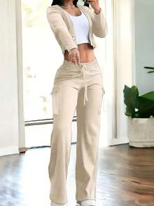 Summer 2pcs/Set Women Fashion Apricot V-Neck Button-Up Cardigan Top Pants With Drawstring Waist | Elegant Casual Y2K Style Lightweight & Comfortable Fabric, Vacation Outfits For Women - 杏色 - 查看 2