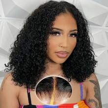 4x4 Put On And Go Glueless Bob Human Hair Wigs Kinky Curly For Women Lace Frontal Human Hair Pre Plucked With Baby Hair 180% Density Natural Color Ready To Go - Natural Black - 查看 2