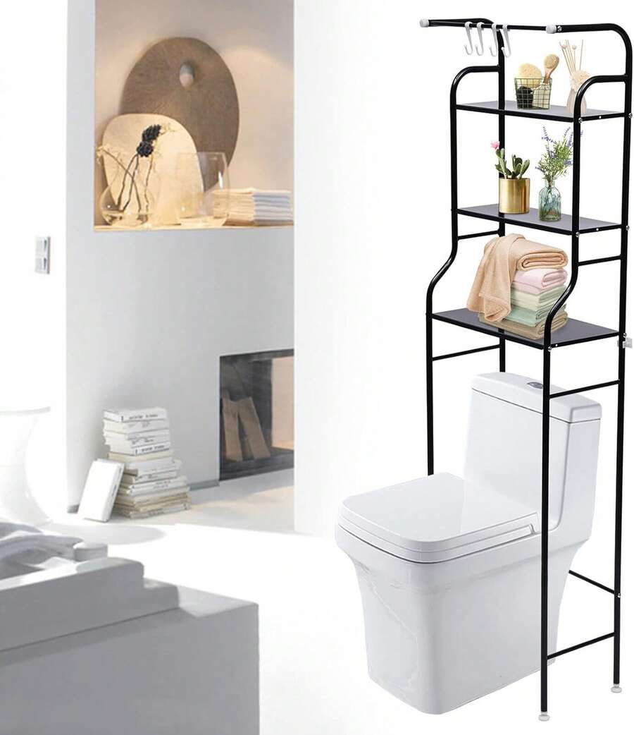 KingnetStore – Bathroom Shelf Above The Toilet | Toilet Furniture And Washing Machine Shelf | Storage With 3 Waterproof Shelves With Hooks And Towel Bar | Space-Saving Organizer For The Bathroom | White - 白色 - 查看 1