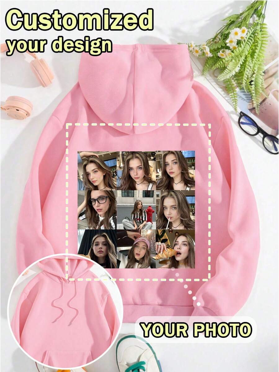 1 قطعة هوديي مطبوع بنمط لعبة الحظ للنساء، بتصميم كاجوال للموضة اليومية، مناسب للخريف/الشتاء، قم بتخصيص صورتك المفضلة كهدية لصديقتك وعائلتك - وردي - مشاهدة 1