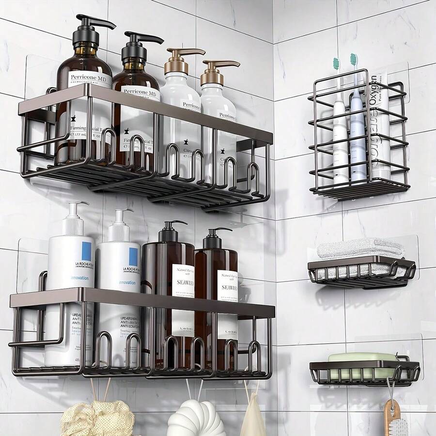 Adhesive Shower Caddy, 5 Pack Rustproof Stainless Steel Bath Organizers With Large Capacity, No Drilling Shelves For Bathroom Storage & Home Decor - Brown - View 1