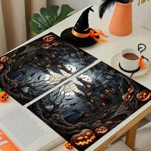 4 Stücke Halloween Horror Schloss & Kürbis Muster Leinen Tischsets - Gewebte Leinen rechteckige Tischsets für Speisezimmer, Küche, Kaffeetisch, Esszimmerdekoration - Verschiedenfarbig - Übersicht 6