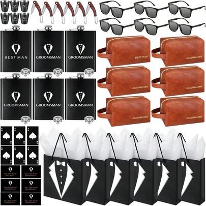 60Pcs Groomsmen Gifts Set Of 6, Groomsmen Proposal Box With Flasks Sunglasses PU Leather Toiletry Bag Bottle Opener For Wedding Groomsman Best Man Gift,