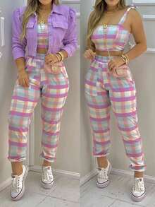 Women's Vibrant Colorful Plaid Set For A Stylish June Party - Pink Plaid - View 1