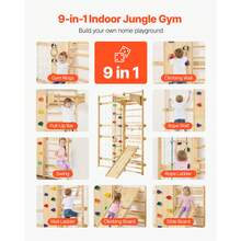 Swedish Ladder Wall Gym, 9-In-1 12-Level Solid Wood Gymnastic Stall Bars For Kids Adults, 220LBS Indoor Jungle Gym With Rock Climbing Wall, Gym Rings, Pull-Up Bar, Climbing Board, Slide, Swing - L, Natural Wood, 17-ply Grip, 9-in-1 Set - View 2