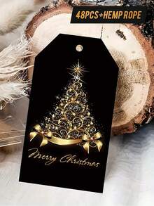 48pcs Christmas Gift Tags With Twine - Luxury Gold Christmas Tree Design, Black And Gold Premium Paper Wrapping Stickers, Holiday Decorations, Card Making - Elegant Holiday Tags For High-End Fine Gifts And Crafts, Vintage Style - Black - View 5