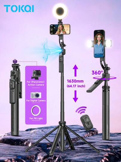 TOKQI Automatic Face Tracking Selfie Stick Tripod, Extendable Aluminum Alloy Smart Phone Holder, 360° Rotatable Phone Stand, Bluetooth Remote Control Selfie Stick, Compatible With Android And IOS Phones