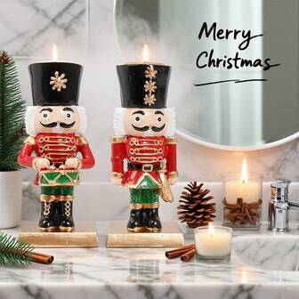 1 pezzo Portacandela Vintage Schiaccianoci in resina da 11,5 cm, base dorata, decorazione rossa e dorata, perfetto per la decorazione natalizia, regalo ideale, adatto per centro tavolo, camino, soggiorno, camera da letto, feste, decorazioni natalizie per la casa