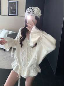 Áo len cardigan tay loe cổ chữ V khoét lỗ họa tiết hoa cỡ lớn - Màu be - Xem 4