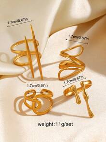 4pcs/Set Stainless Steel Minimalist 18K Gold Plated Geometric Line Design Open Rings, Suitable For Daily Wear For Women - Yellow Gold - View 8