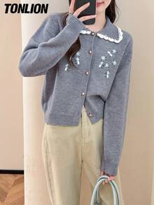 tonlion Tonlion Women's Embroidered Casual Design Turndown Collar Knit Cardigan, Autumn/Winter