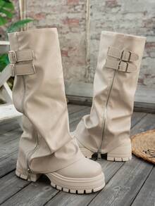2025新款女式制服靴，真皮圆头粗跟防水厚底过膝靴，四季皆宜，褶裥筒状设计，侧拉链和搭扣，时尚米色女士高筒靴，尺码偏小一码 - 米色 - 查看 5
