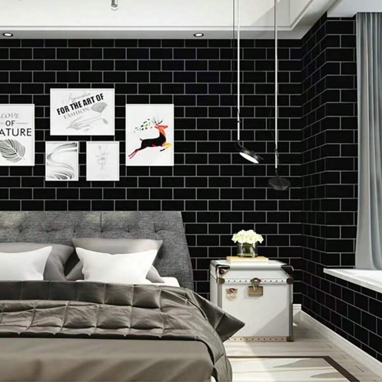 1 rollo de papel tapiz autoadhesivo con línea de lechada blanca y ladrillo negro, papel tapiz decorativo de vinilo grueso, removible e impermeable, fácil de limpiar, adecuado para sala de estar, cocina, dormitorio, baño, pared, muebles, cubierta de encimera, papel de contacto DIY decoración del hogar Vinilos (17.7inX118.1/196.8/393.7in) Papel de regalo de envoltura de regalo de color block de empalme - Negro - Añade 3