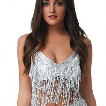 Traje de disfraz con lentejuelas y flecos, traje de danza del vientre con lentejuelas, traje de cantante sin espalda para bares y calles - Multicolor - Ver 7