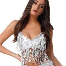 Traje de disfraz con lentejuelas y flecos, traje de danza del vientre con lentejuelas, traje de cantante sin espalda para bares y calles - Multicolor - Ver 13