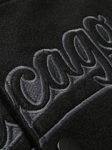 男士黑色棒球夹克高端刺绣皮革时尚街头风格运动服休闲经典复古运动服拼布PU长袖嘻哈机车夹克外套 - 黑色 - 查看 4