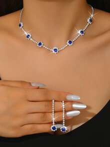 3pcs Set Minimalist Copper Rhinestone Blue Gem Pendant Necklace & Earrings Jewelry Set, Suitable For Formal Wear