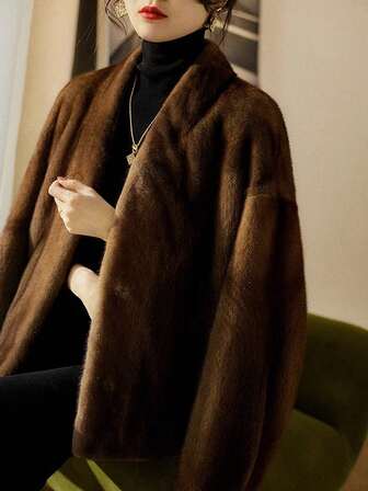 Women's Loose Solid Color Faux Fur V-Neck Casual Sweater, Autumn/Winter