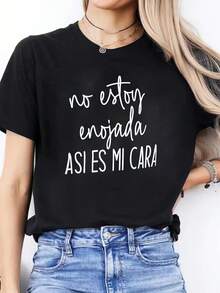 [Sporty T-Shirt]Women's Casual Short Sleeve T-Shirt With Spanish Letter Print "No Estoy Enojada" - Light Beige Round Neck Spring Summer Top, Medium Stretch Machine Washable Casual Attire, Ladies T ShirtsRelaxed Plus Size T-Shirt - 黑色 - 查看 1